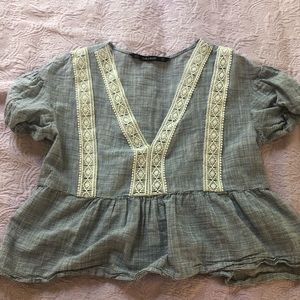 Zara Light Blue Cropped Blouse! Smocked sleeves!